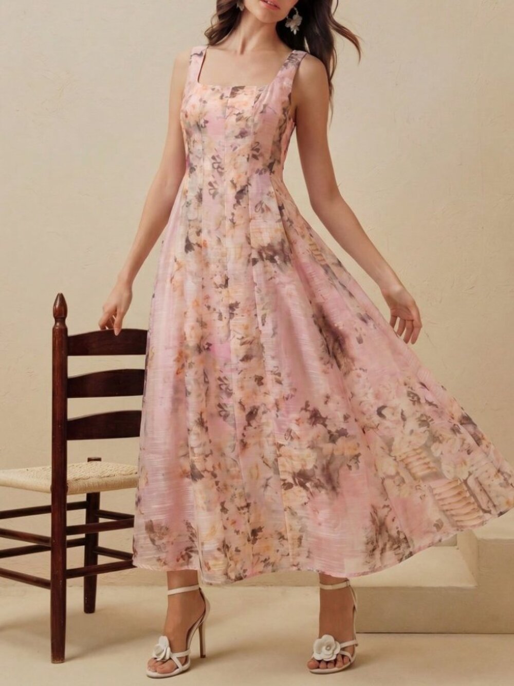 Blush Pink Floral Print Maxi Dress with Square Neck